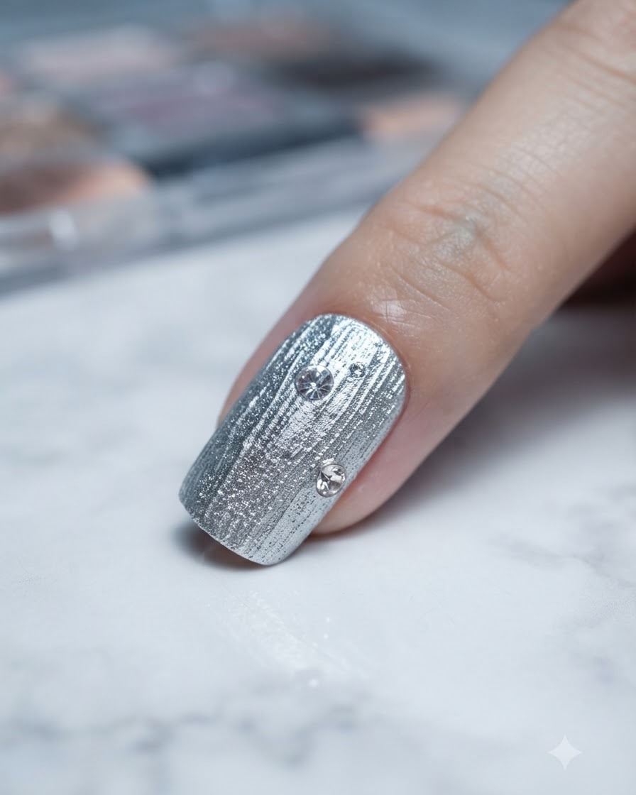 Gros plan dun ongle avec trois strass ronds positionnés précisément sur la surface argentée.