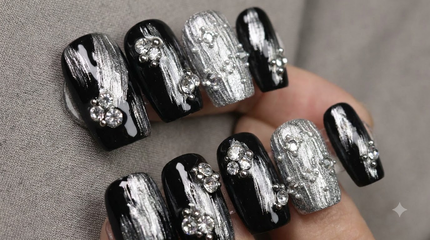 Art Ongulaire Métallique Noir à Texture Argentée et Décoration de Strass
