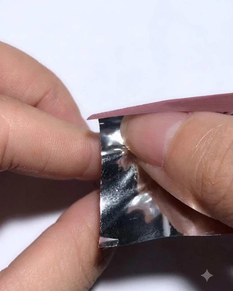 Feuille de foil retirée dun doigt pour montrer la texture transférée.