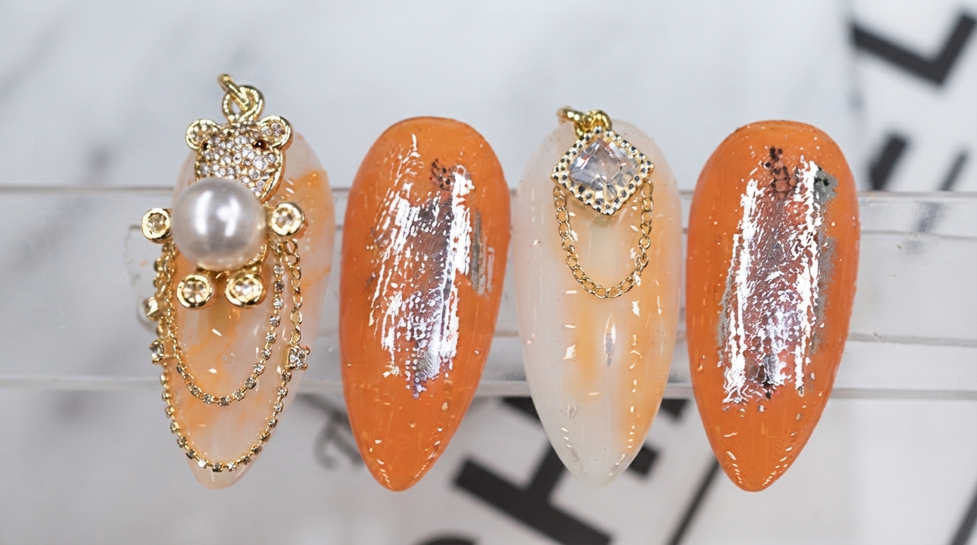 Nail art ours mignon et chaîne style japonais — Tutoriel étape par étape