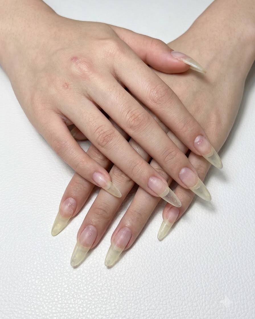 Gros plan sur des mains avec de longs ongles en amande prêts pour lapplication du gel.