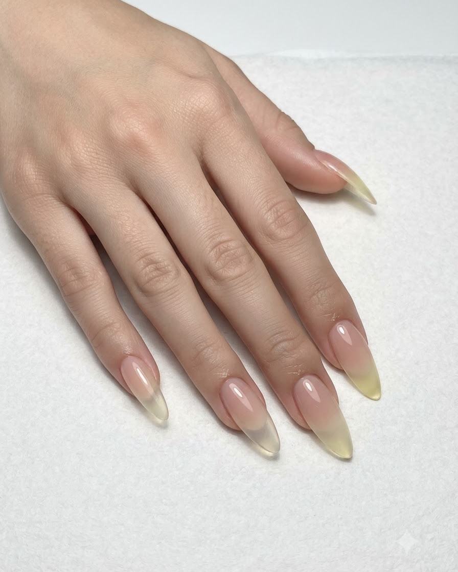 Vue détaillée des mains montrant la base dégradée terminée, prête pour la prochaine étape du nail art.