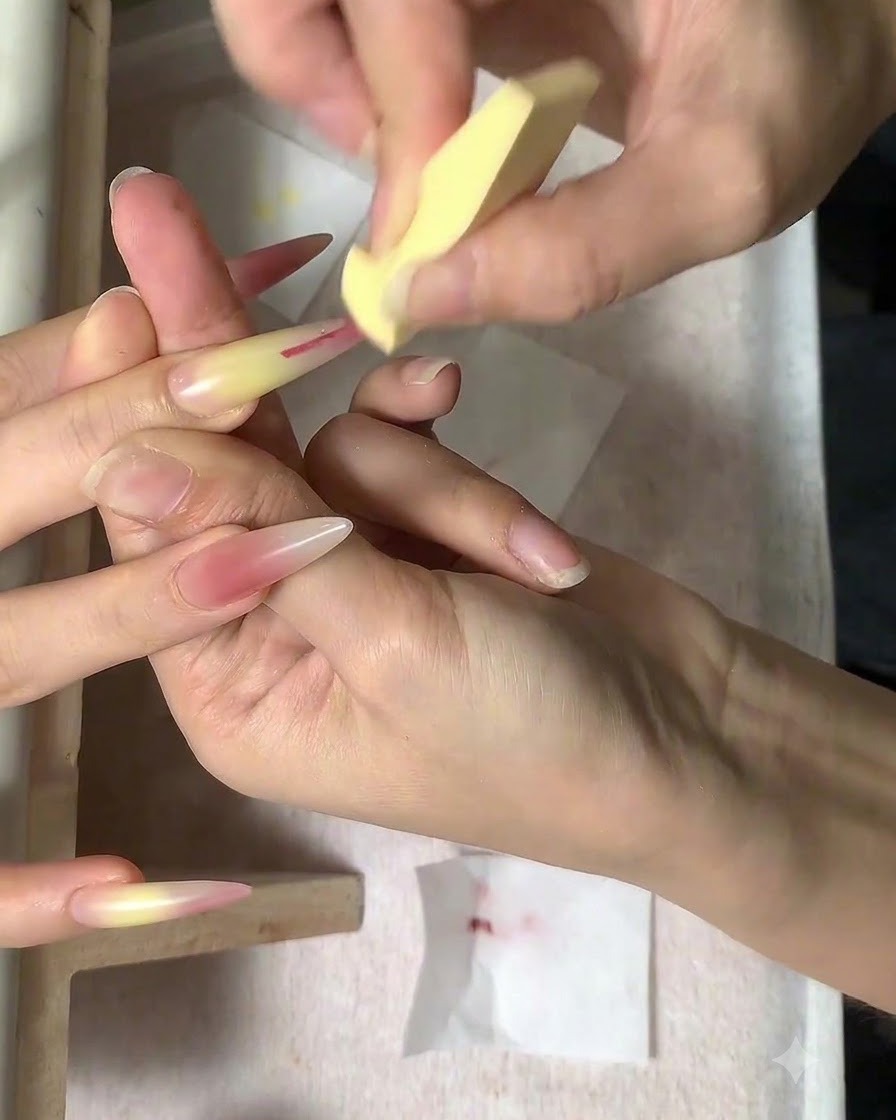 Une petite éponge cosmétique tapotant légèrement les lignes roses sur un ongle en amande.
