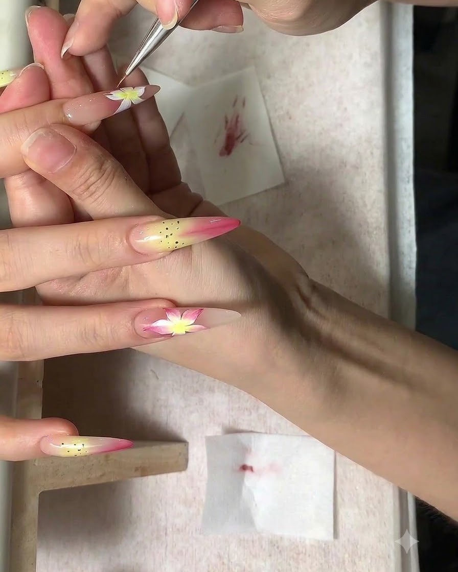 Un pinceau tirant des lignes magenta à travers le milieu des pétales dune fleur.