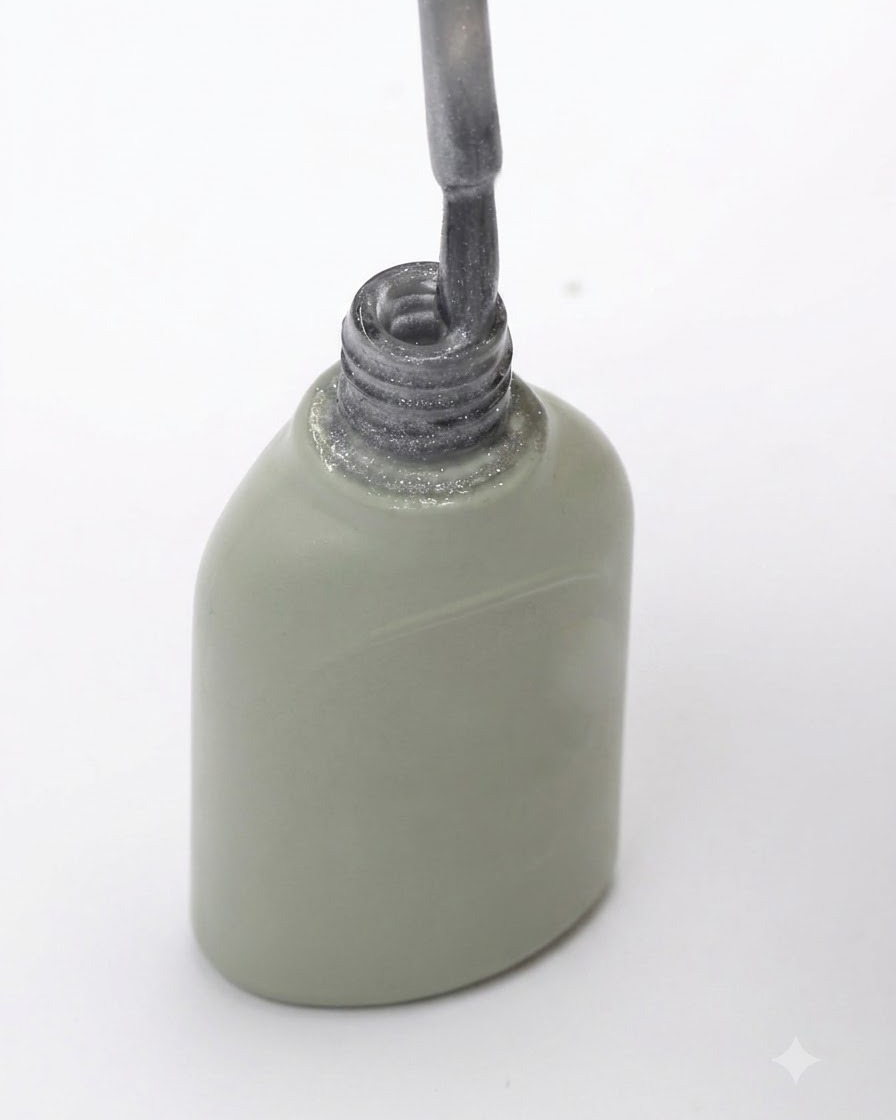 Un pinceau en train dêtre retiré dun flacon de vernis gel gris avec lexcédent de produit essuyé sur le rebord du flacon.