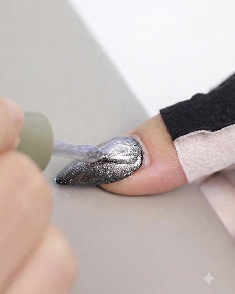 Un pinceau à ongle appliquant du gel cat-eye argenté scintillant sur une capsule dongle en amande peinte en noir.