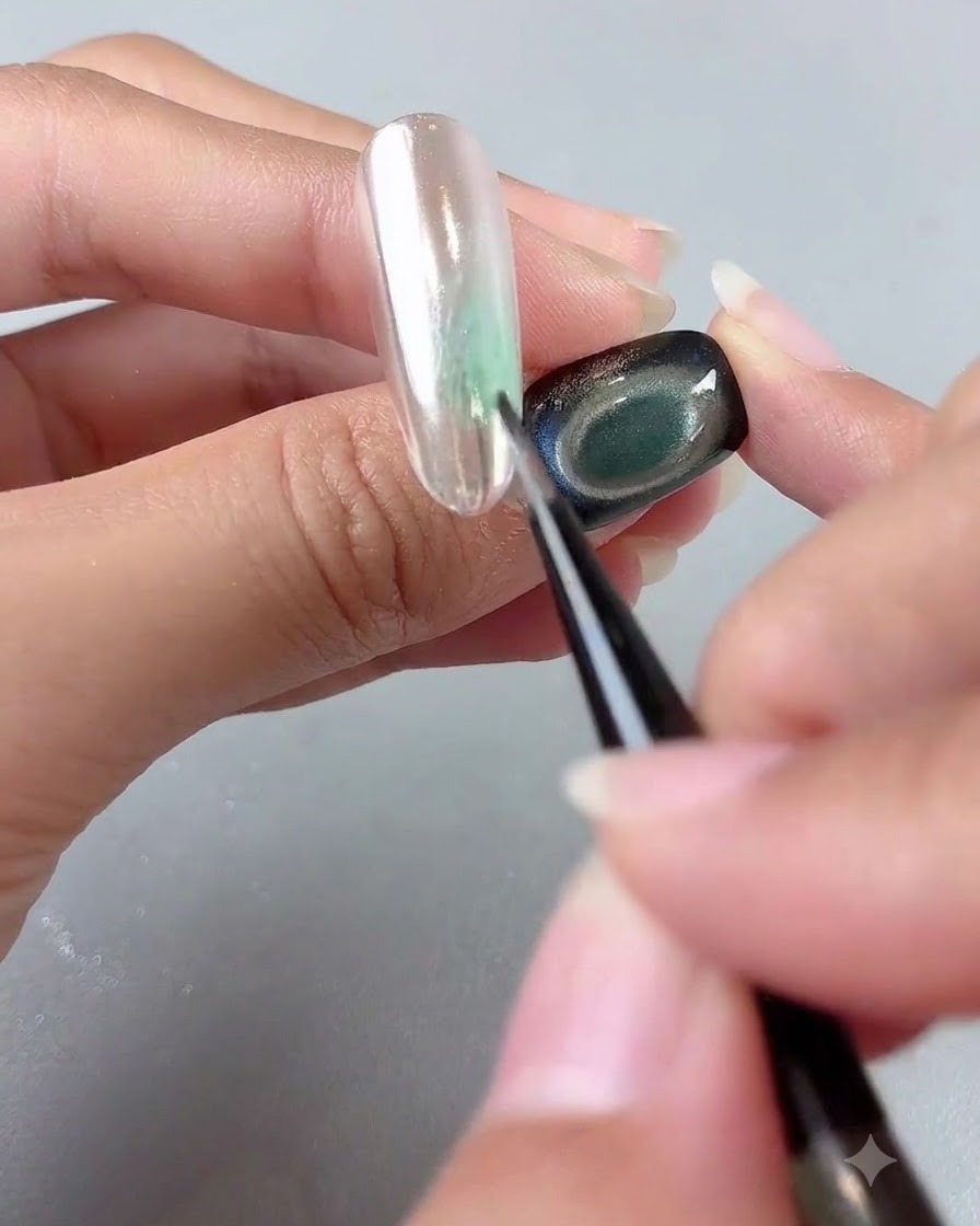 Un pinceau de nail art fin estompant un lavis de couleur verte douce sur un ongle brillant effet miroir.