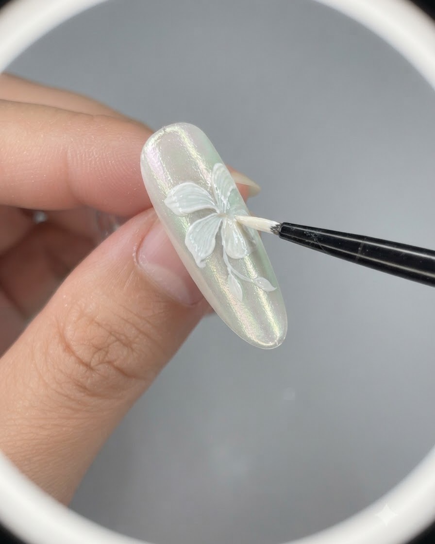 Gros plan sur un pinceau à ongles ajoutant un demi-pétale et une tige au design de nail art lys blanc.