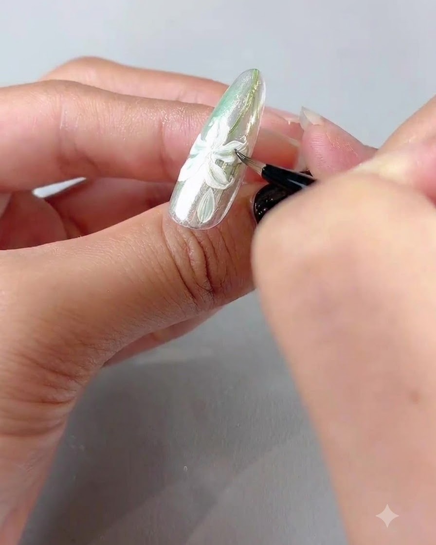 Un pinceau fin peignant de délicates feuilles vertes autour du design de nail art lys blanc.
