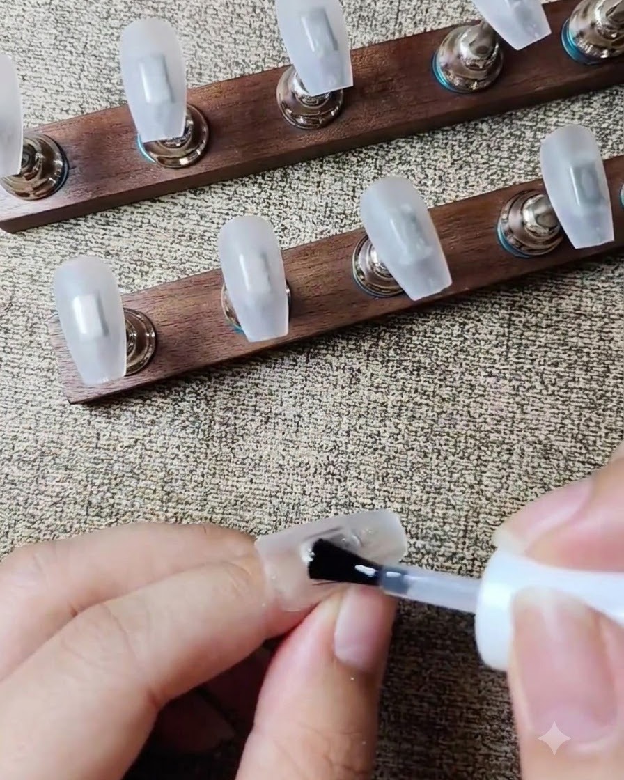 Un pinceau à gel appliquant une couche de base transparente sur une capsule dongle coffin transparente.