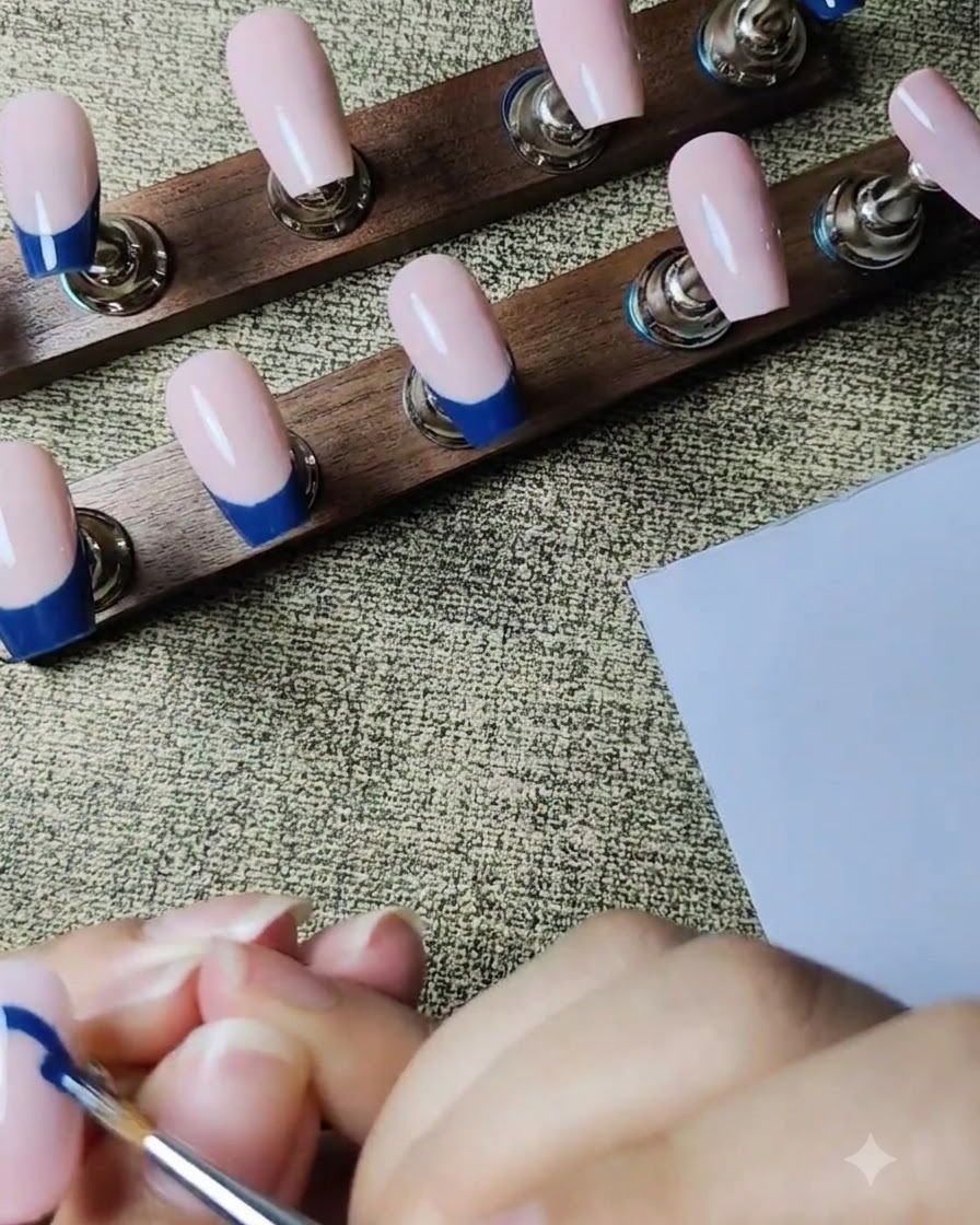 Un pinceau liner fin dessinant le contour dune French manucure bleu foncé sur un ongle rose nude.