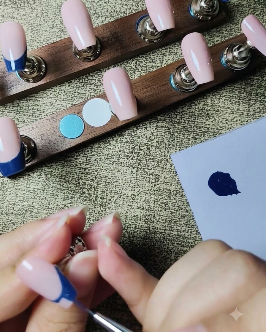 Un pinceau liner remplissant la zone de pigment bleu foncé dune French manucure sur un faux-ongle.