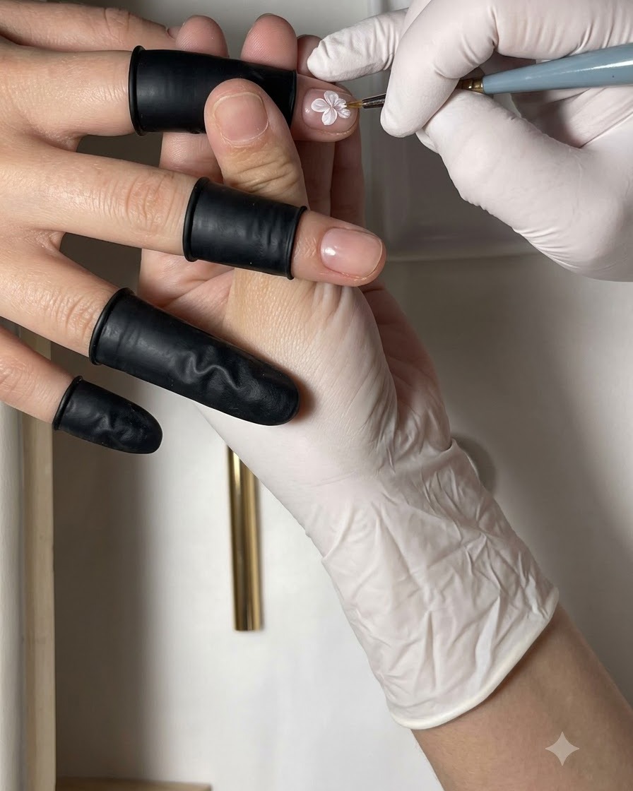 Un pinceau de détail fin peignant un deuxième pétale blanc à lopposé du premier sur un ongle.