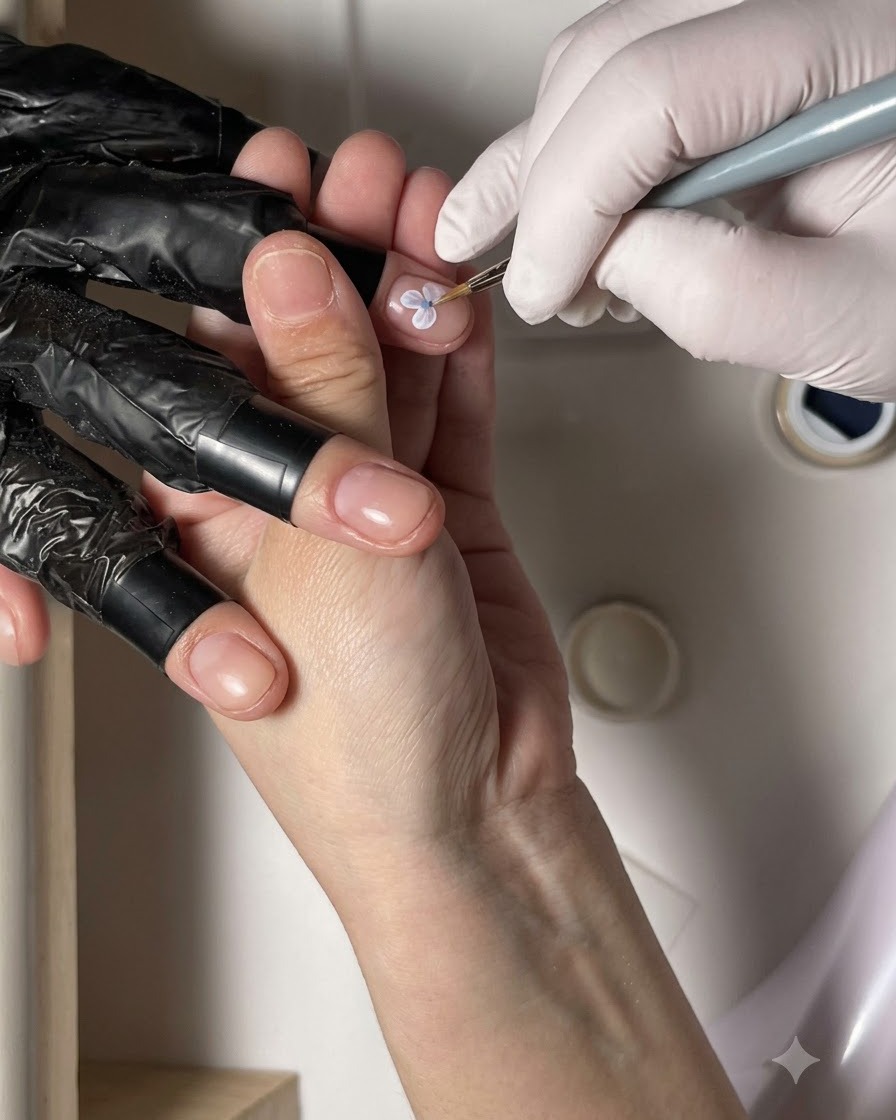 Un pinceau fin trempé dans du gel noir pour détailler le pétale de la fleur.