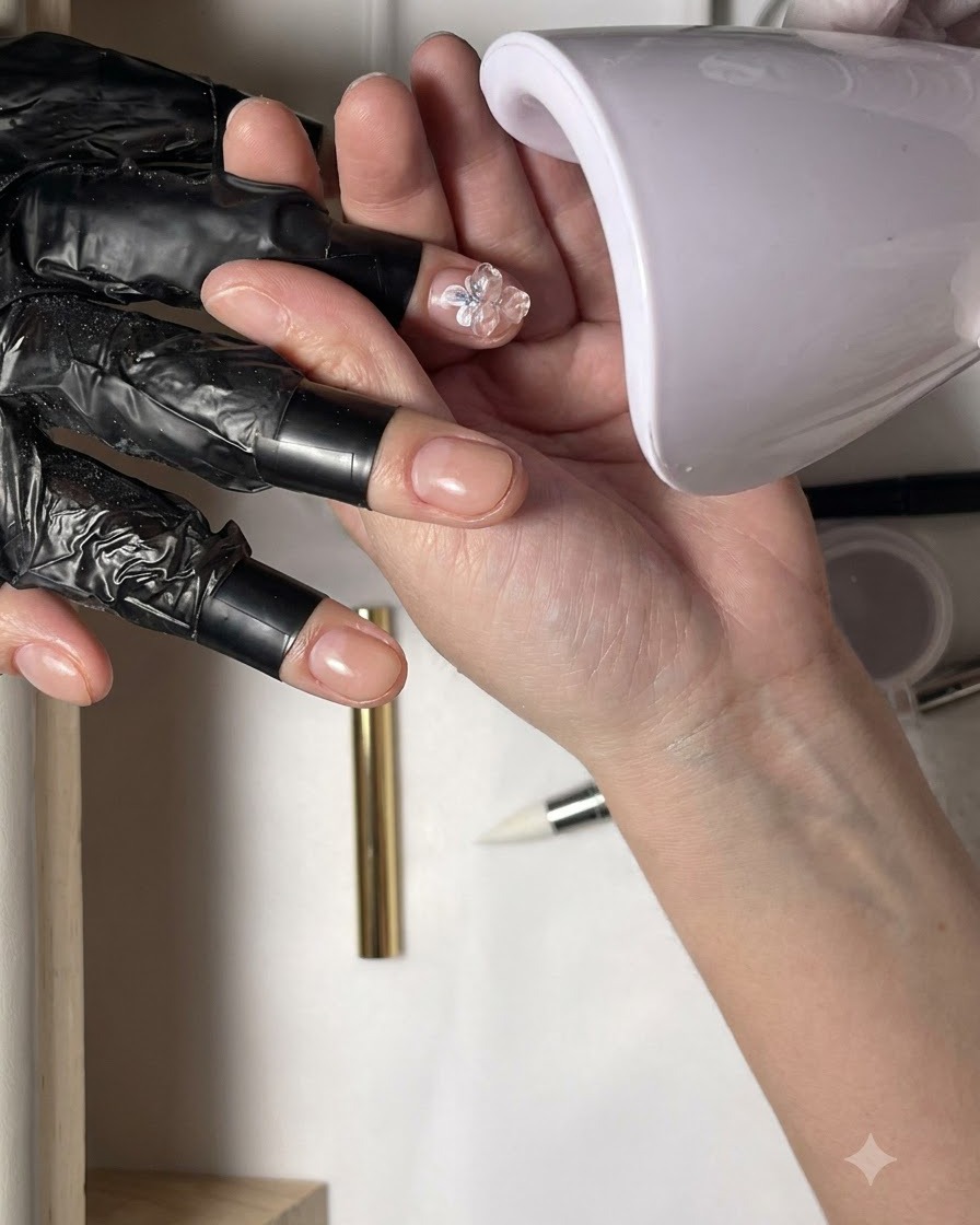 Une mini lampe UV blanche portative tenue au-dessus dun doigt pour catalyser les éléments de nail art nouvellement posés.