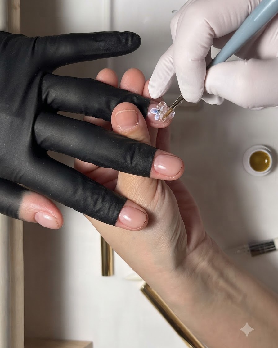 Un pinceau fin façonnant une épaisse goutte de gel 3D transparent en un pétale surélevé sur un ongle.