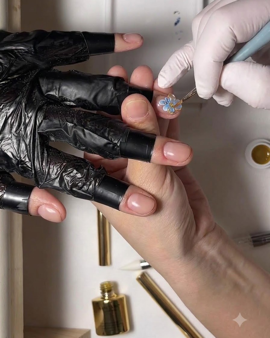 Un pinceau fin formant un deuxième pétale en gel 3D transparent adjacent au premier pétale sur un ongle.