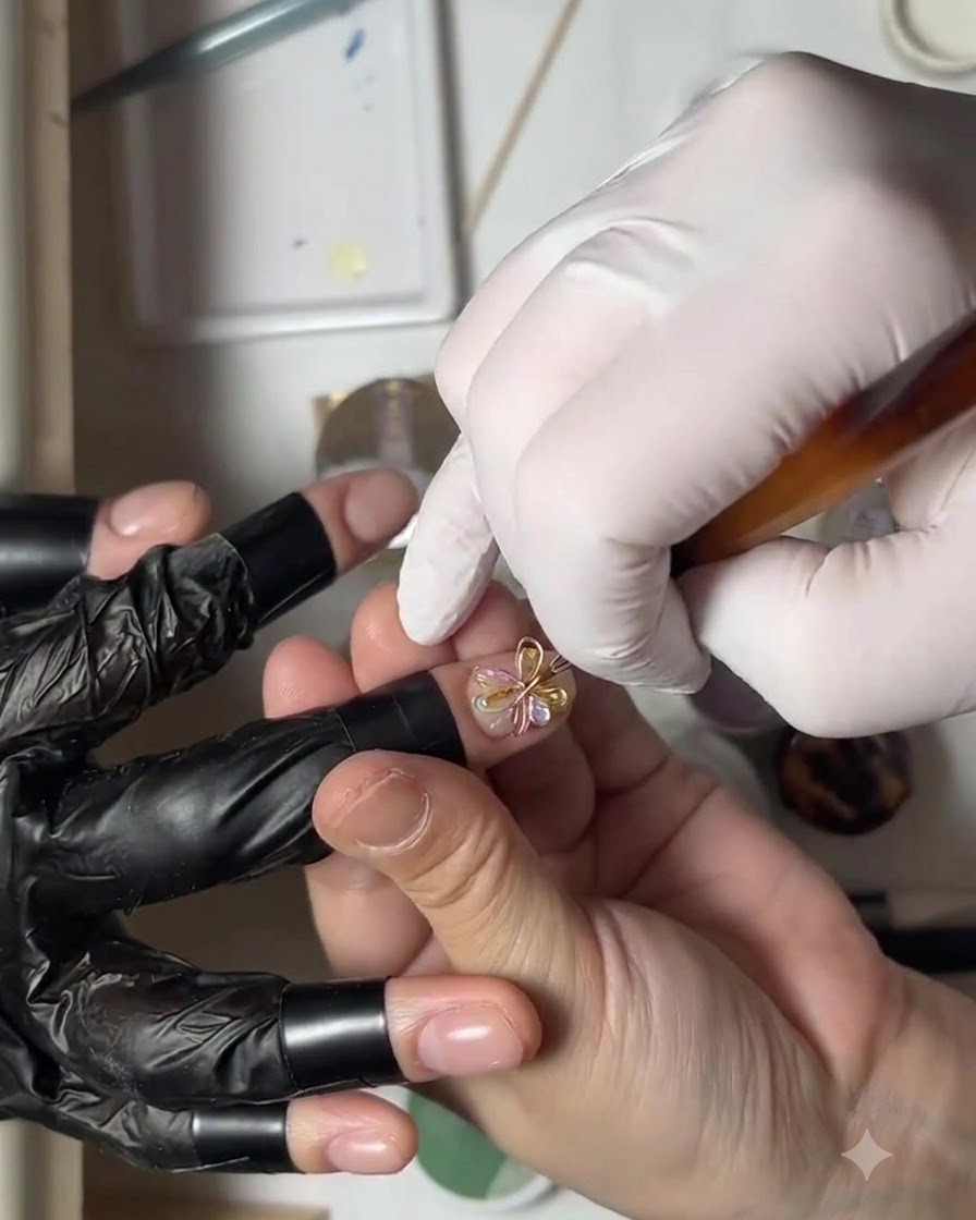 Une main gantée utilisant la pointe dun pinceau pour ajuster délicatement un groupe de microbilles en forme de cercle sur un ongle.