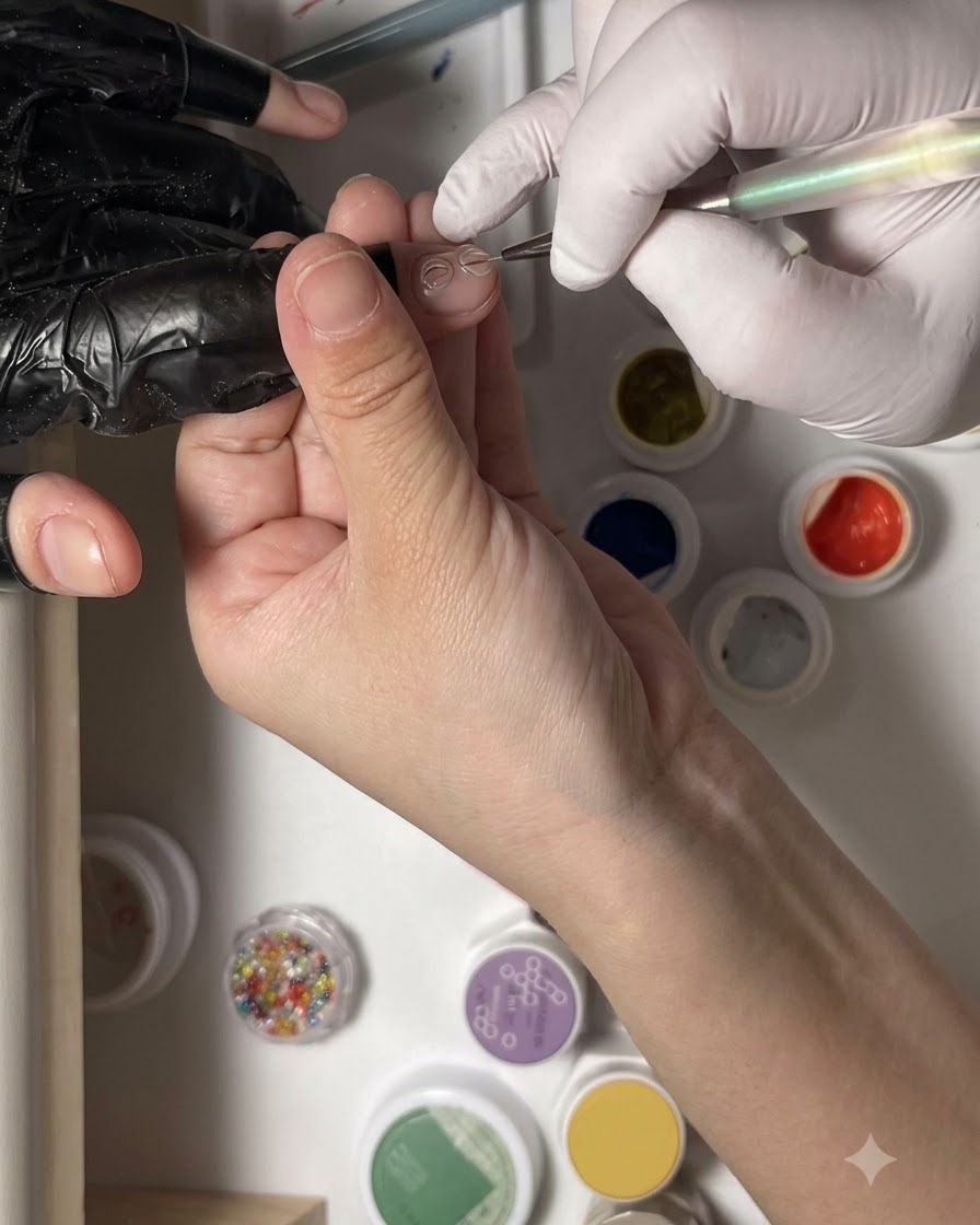 Un pinceau fin pour lignes peignant une boucle incurvée en gel 3D transparent sur un ongle naturel.