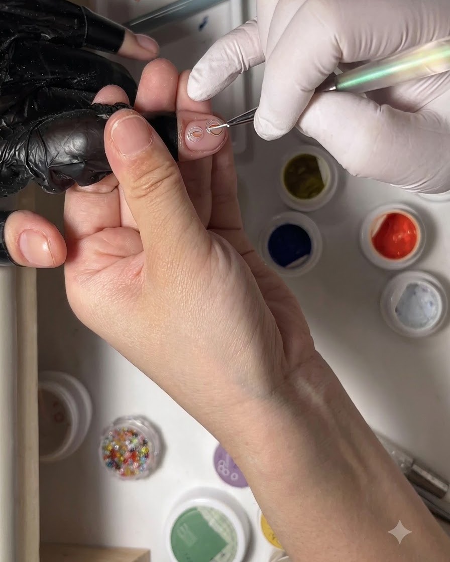 Un pinceau fin pour lignes peignant une deuxième boucle en gel 3D transparent simbriquant dans la première sur un ongle.