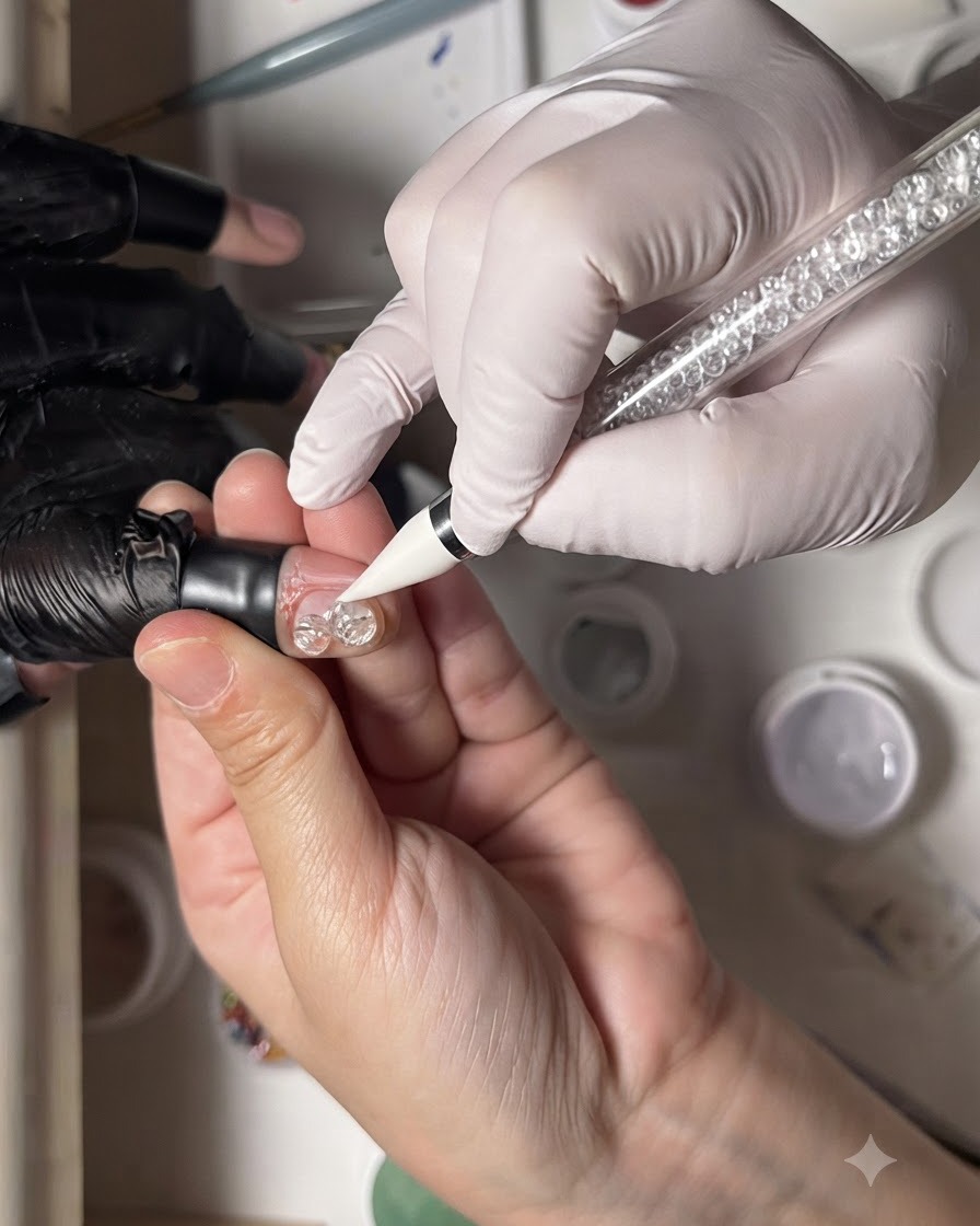 Une main gantée utilisant un outil de crayon à cire blanc pour placer un minuscule strass dans une boucle de gel transparent sur un ongle.