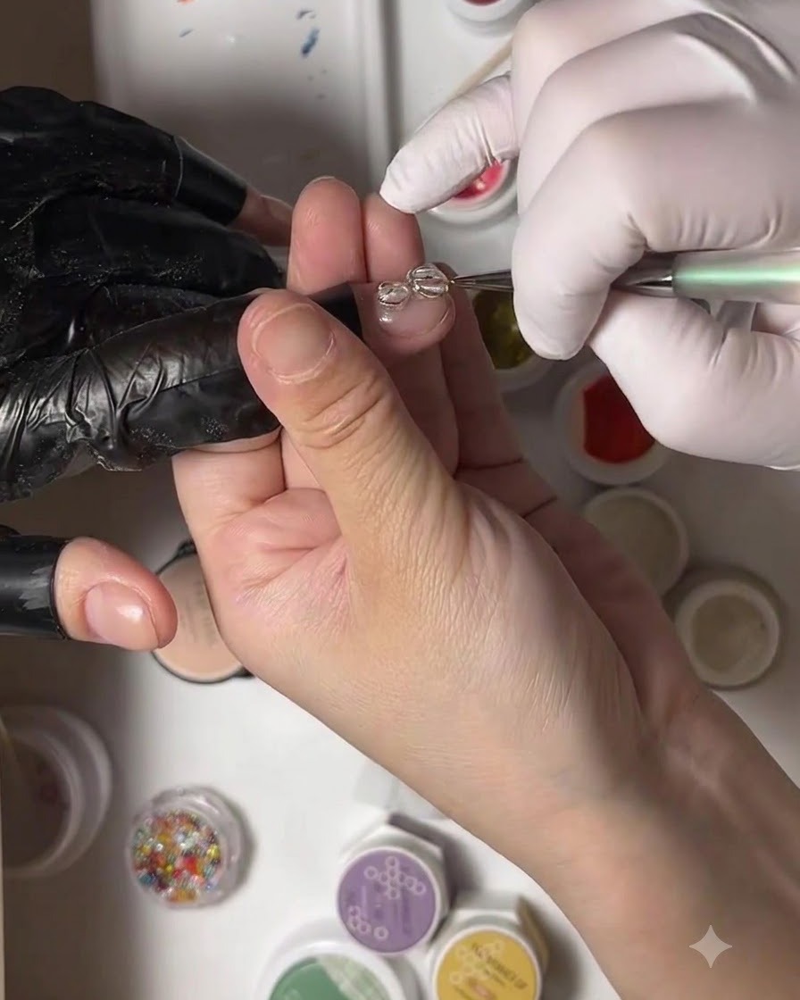 Un pinceau de détail fin appliquant du gel teinté rose dans la boucle transparente inférieure dun design de nail art.