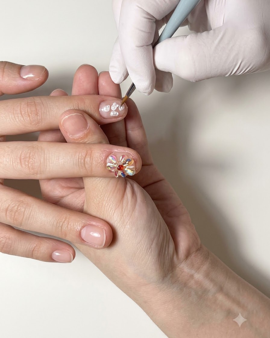 Un pinceau de détail fin peignant une délicate fleur en gel blanc à plusieurs pétales sur un ongle.