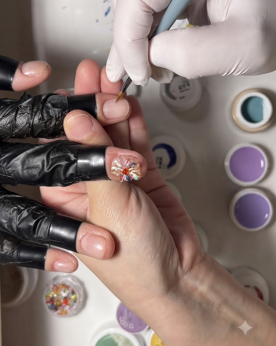 Un pinceau de détail fin ajoutant de petits pétales blancs finaux pour compléter un design de nail art floral.