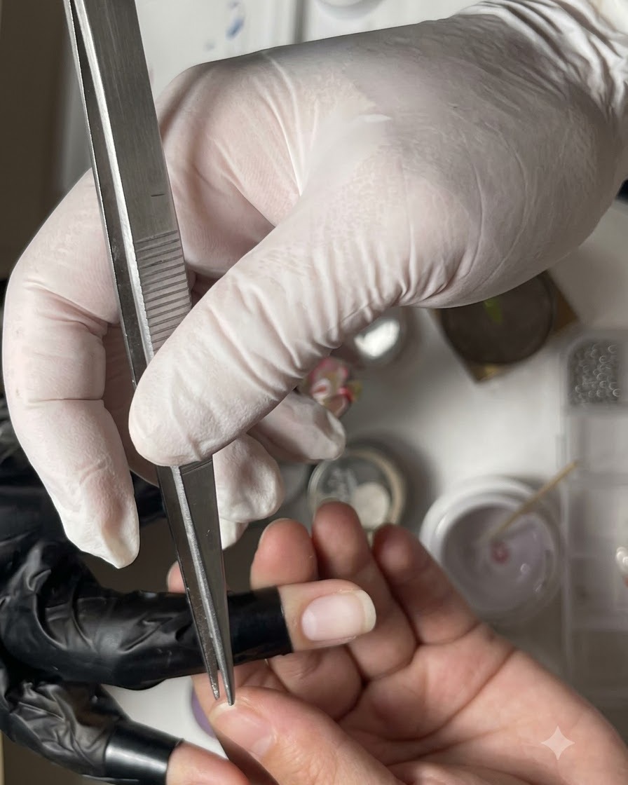 Des pinces tenant un petit embellissement vert clair au-dessus dun ongle.
