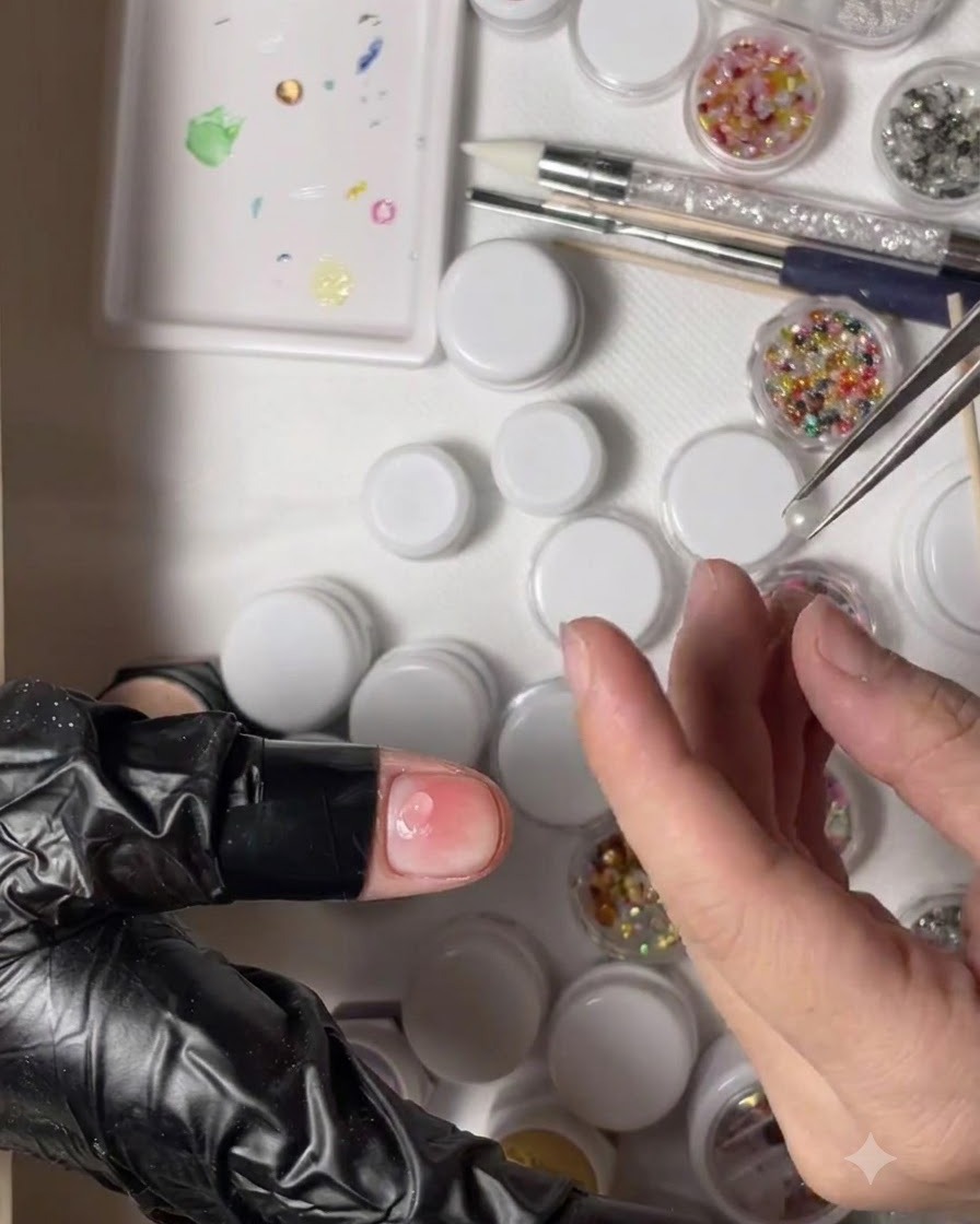 Des pinces plaçant une grande perle blanche sur la surface de longle dun pouce.