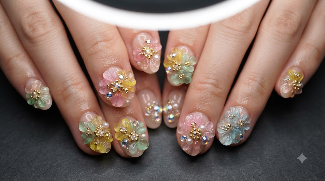 Art Ongulaire Gel Floral 3D et Strass — Tutoriel Étape par Étape