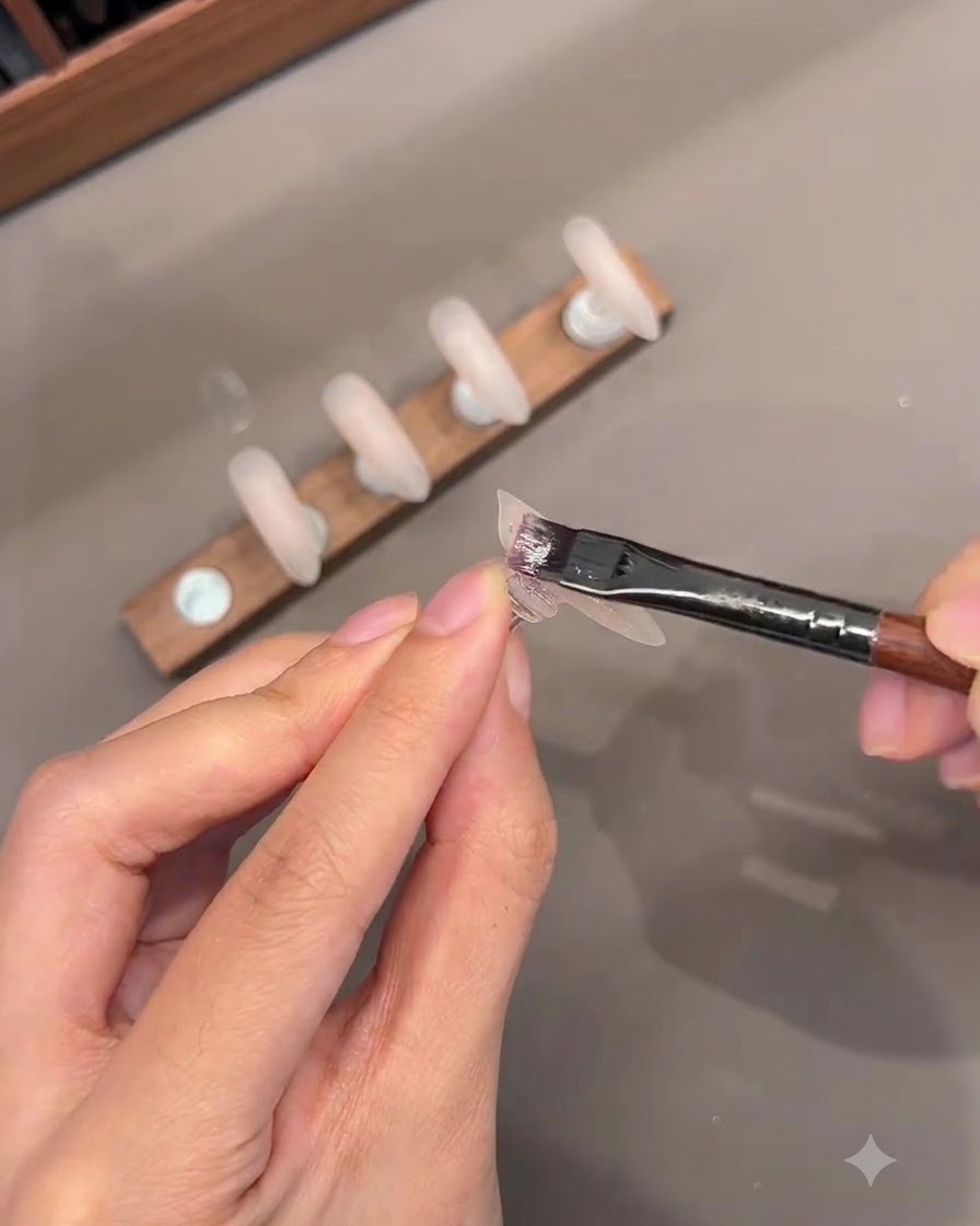 Un plan rapproché dun pinceau appliquant un gel de base couleur nude sur une capsule dongle.