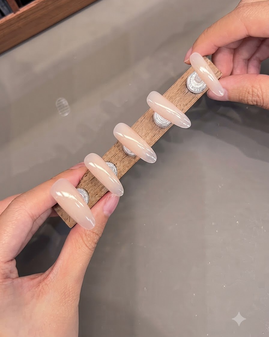 Un présentoir montrant plusieurs faux ongles, avec du gel cat-eye appliqué sur le bout de lindex.