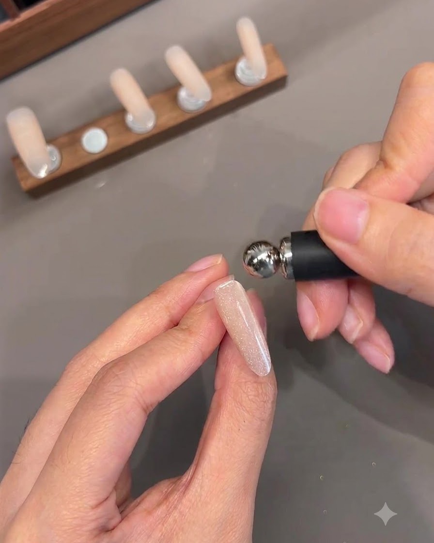 Un outil aimanté doté dune tête sphérique positionné près dune capsule dongle pour façonner le gel cat-eye.