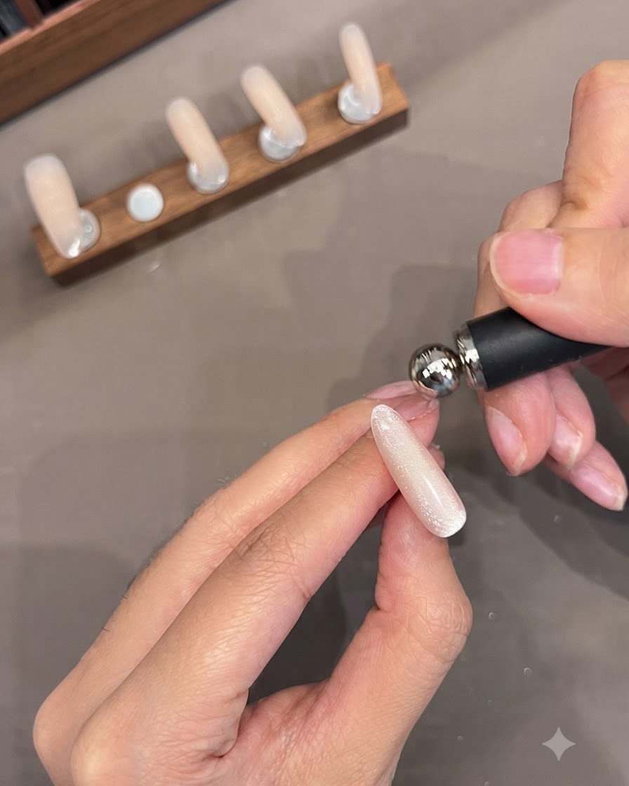 Un outil aimanté façonnant un effet cat-eye large en lumière latérale sur une capsule dongle.