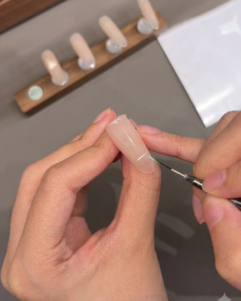 Un pinceau fin dessinant une ligne de French manucure blanche sur une surface dongle artificiel rose neutre.