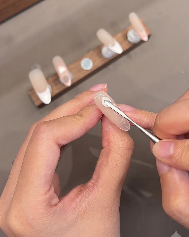 Un outil de détail façonnant des pétales de fleurs en gel 3D sur une surface dongle à base neutre.