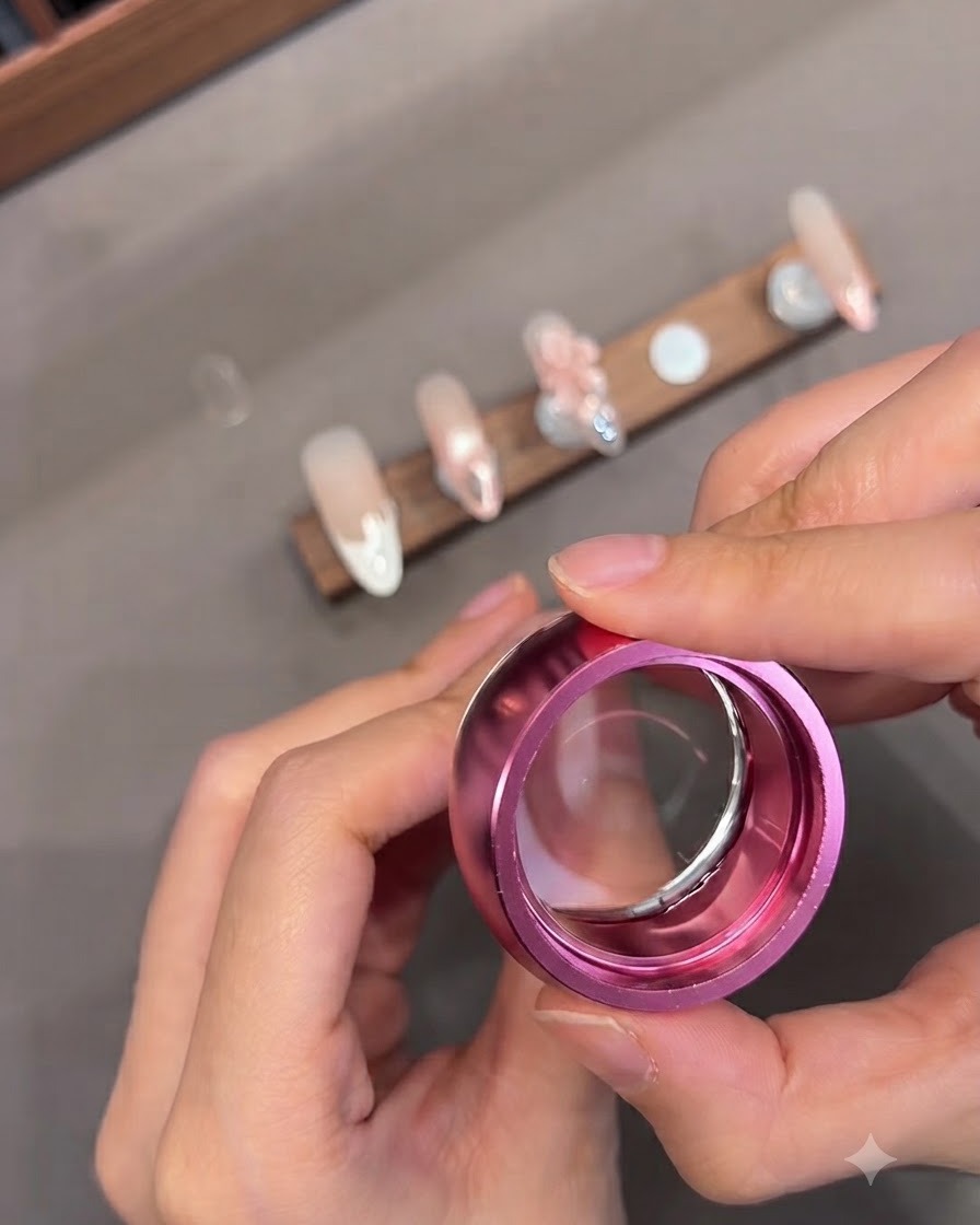 Une personne utilisant un tampon en silicone gel rose transparent pour transférer un design de texte sur un ongle.