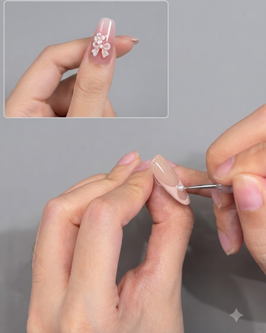 Un outil plaquant une petite décoration de perle sur la ligne de sourire dun ongle de French manucure.
