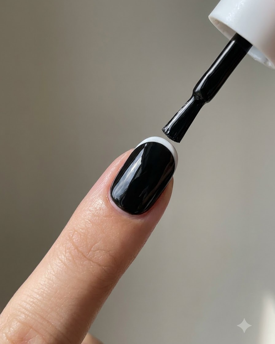 Un pinceau fin dessinant des contours argentés délicats dune fleur de lys sur un ongle verni en noir.