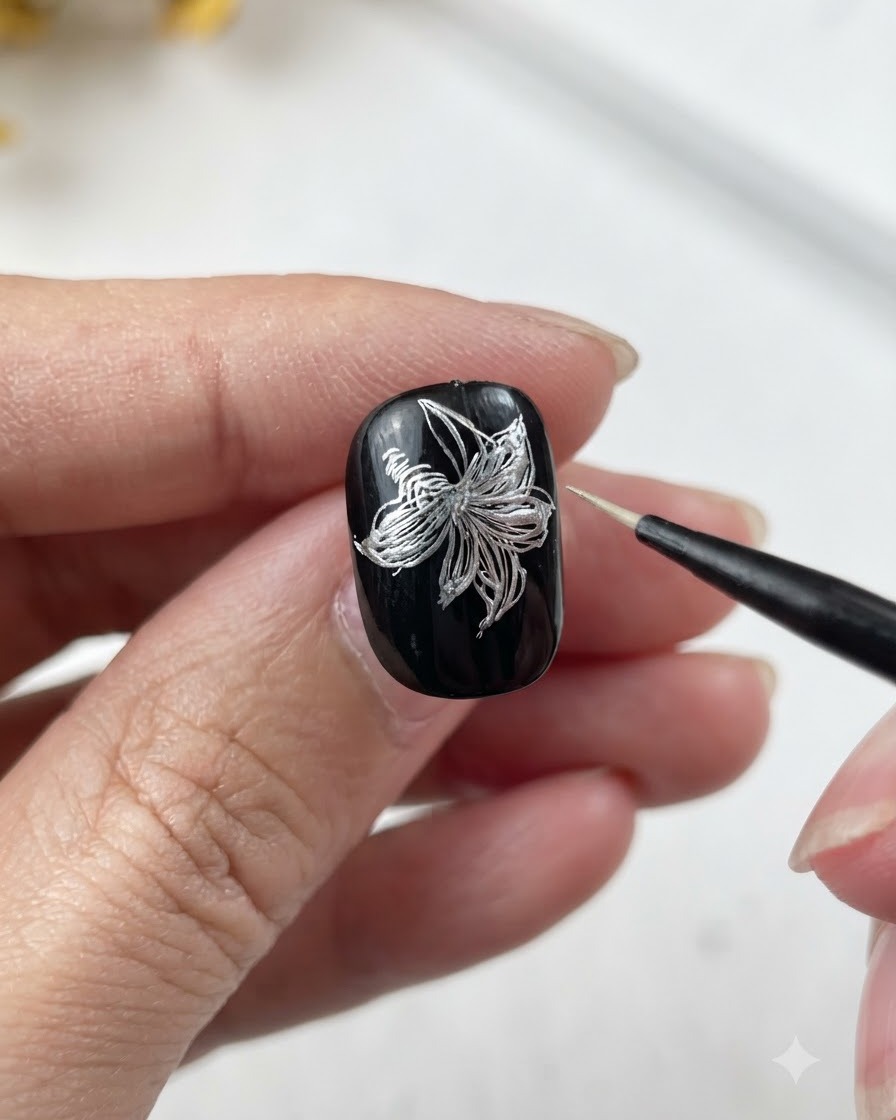 Un design de nail art de fleur de lys argenté métallique achevé montrant les six pétales détaillés sur une base noire.
