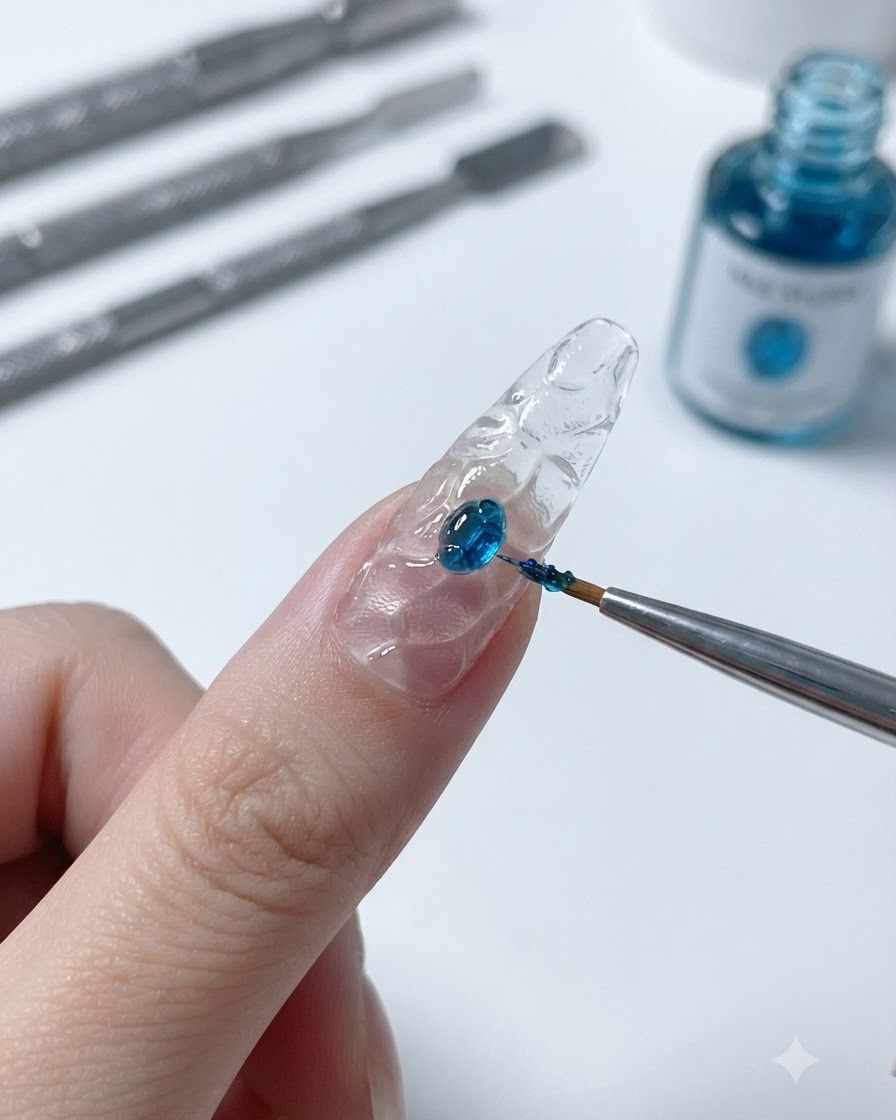 Un pinceau fin pour nail art prélevant une goutte de gel vitrail bleu translucide sur une surface de mélange.