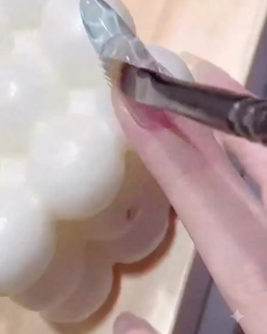 Un pinceau à ongles estompant du gel bleu translucide sur un ongle texturé pour créer une transition de couleur douce.