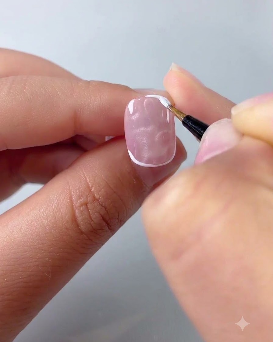Gros plan dune personne utilisant un pinceau fin pour peindre des pétales blancs sur un ongle en gel brillant et semi-transparent.