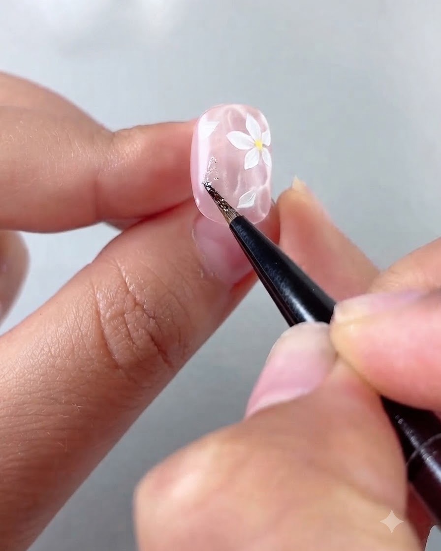 Gros plan dune main utilisant un pinceau fin pour placer de minuscules paillettes argentées sur un ongle rose brillant décoré de fleurs blanches peintes.