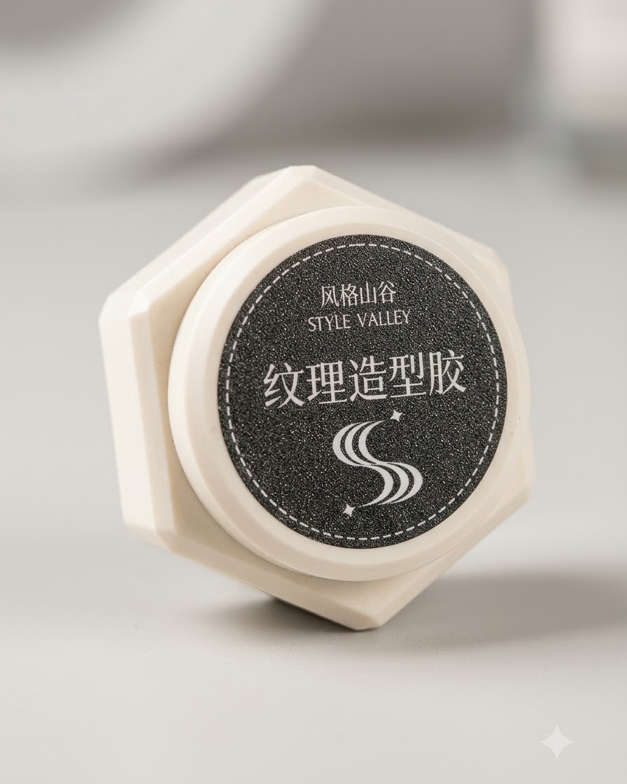 Un pot de produit de gel de modelage de texture Style Valley étiqueté avec des caractères chinois.