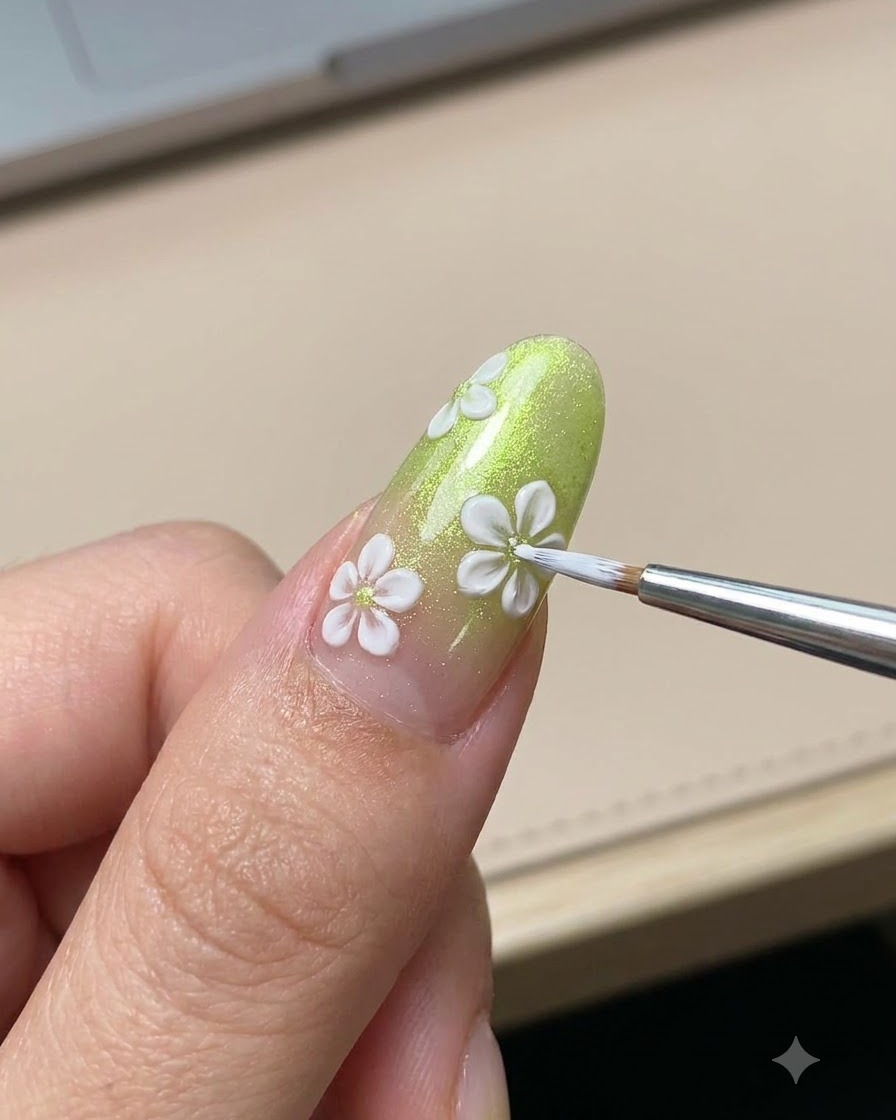 Un pinceau de détail fin appliquant un minuscule centre jaune sur une marguerite blanche peinte sur un ongle vert.