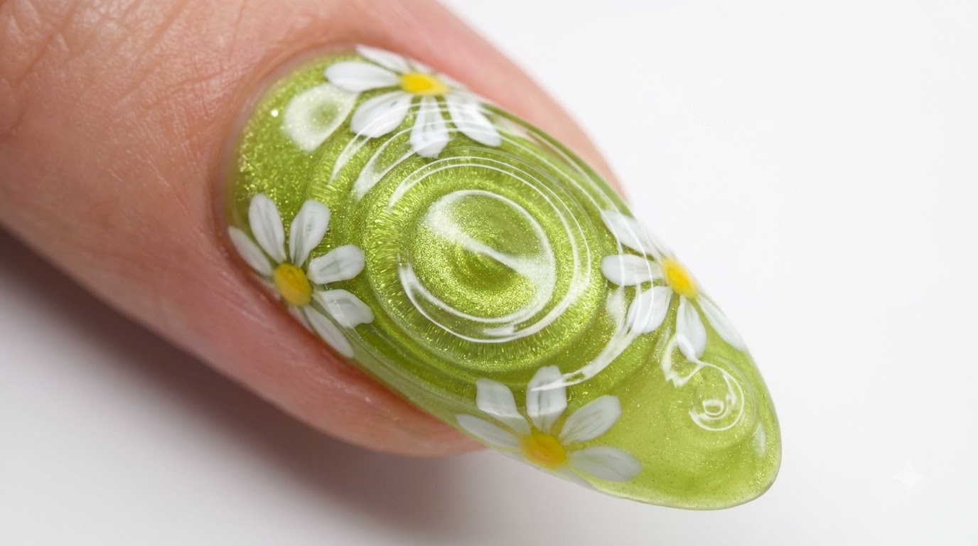 Ongles Effet Œil de Chat Vert Citron avec Effet Vagues d'Eau et Marguerites — Tutoriel Étape par Étape