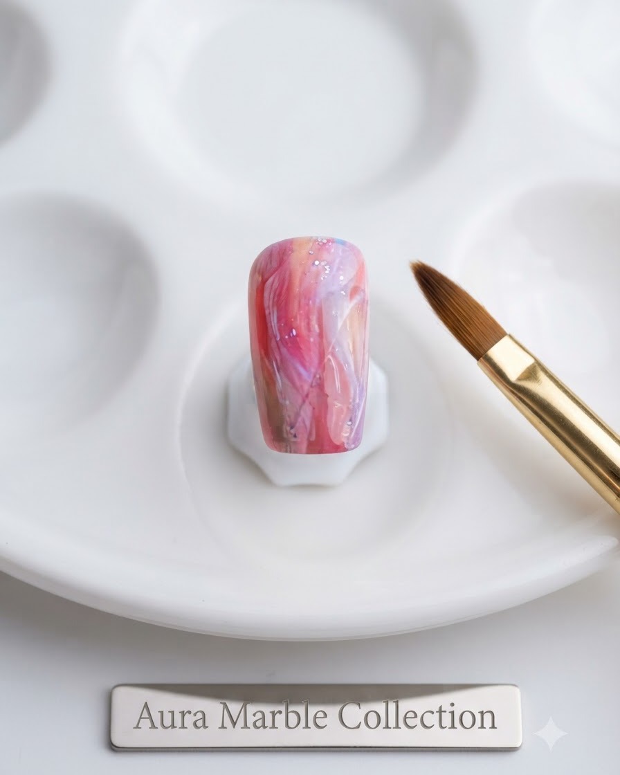 Gros plan dun pinceau à ongle doré posé à côté dune palette blanche avec un ongle marbré aura préparé.