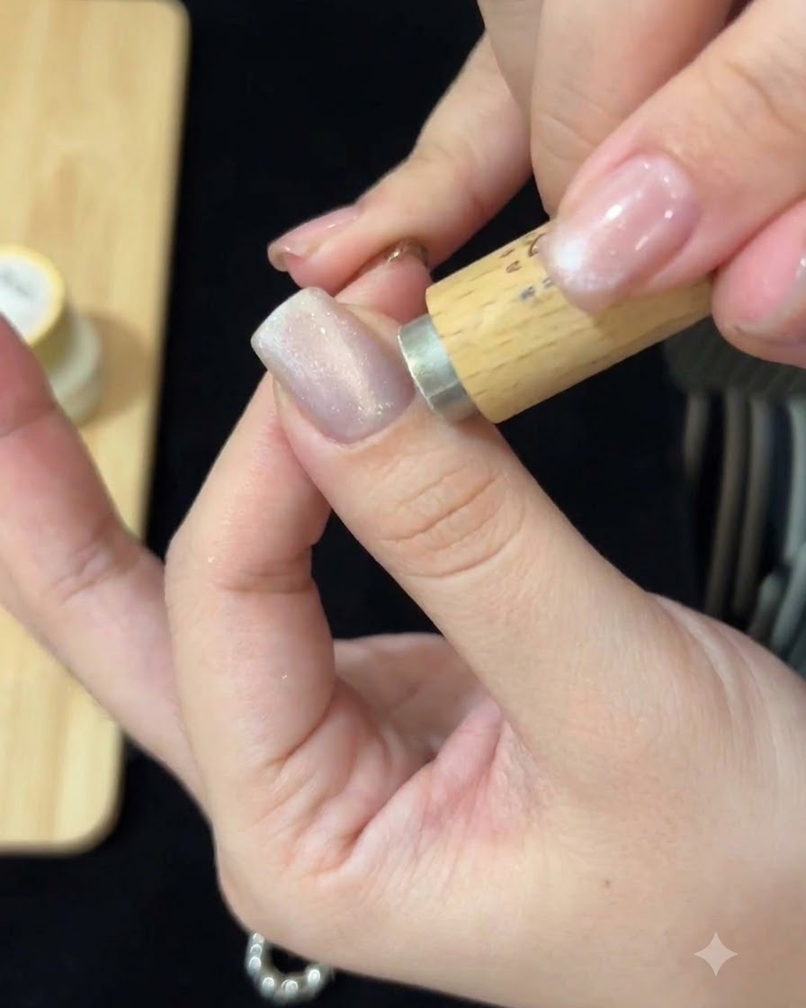 Un bâton magnétique en bois tenu près dun ongle enduit de gel cat-eye pour façonner leffet lumineux.